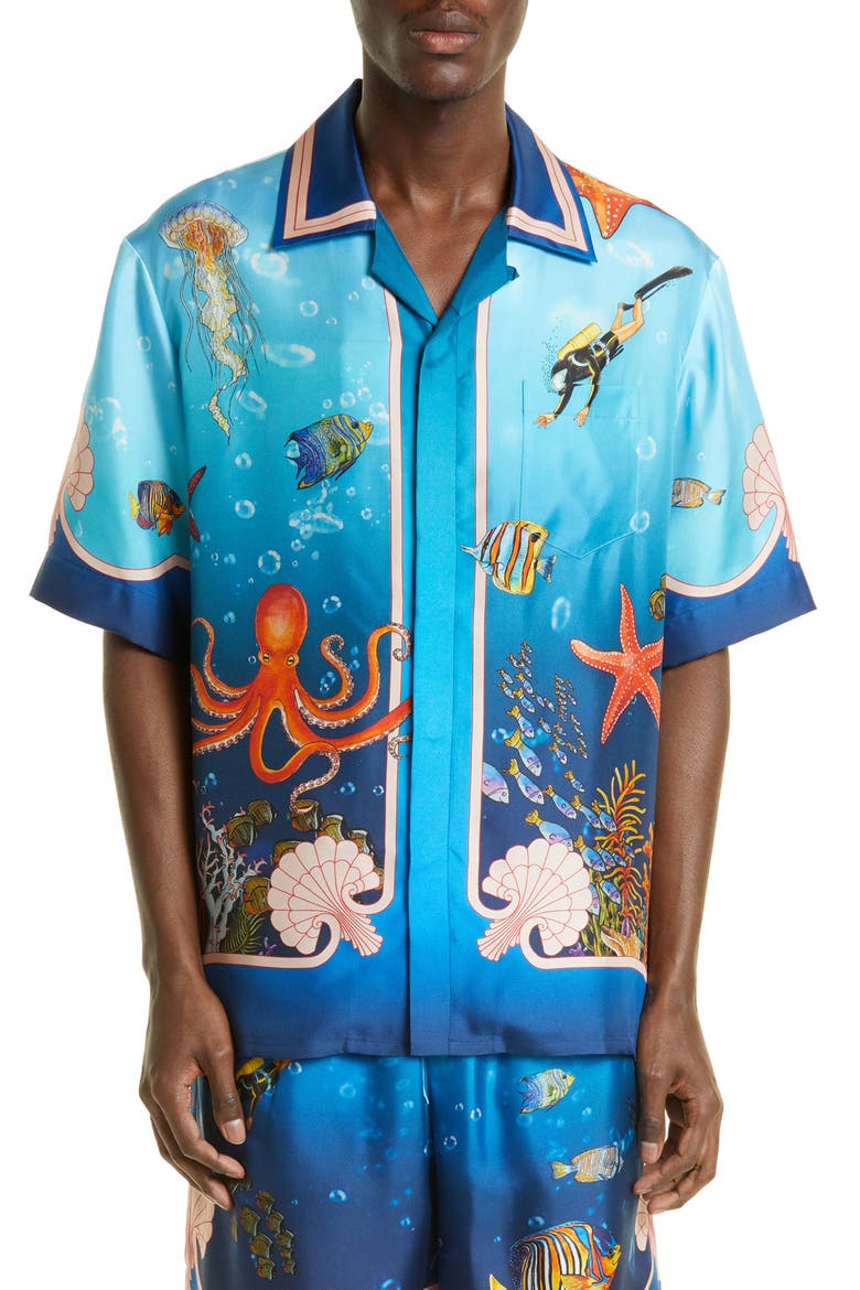 Fond Marin Print Short Sleeve Silk Camp Shirt, Main, color, FOND MARIN