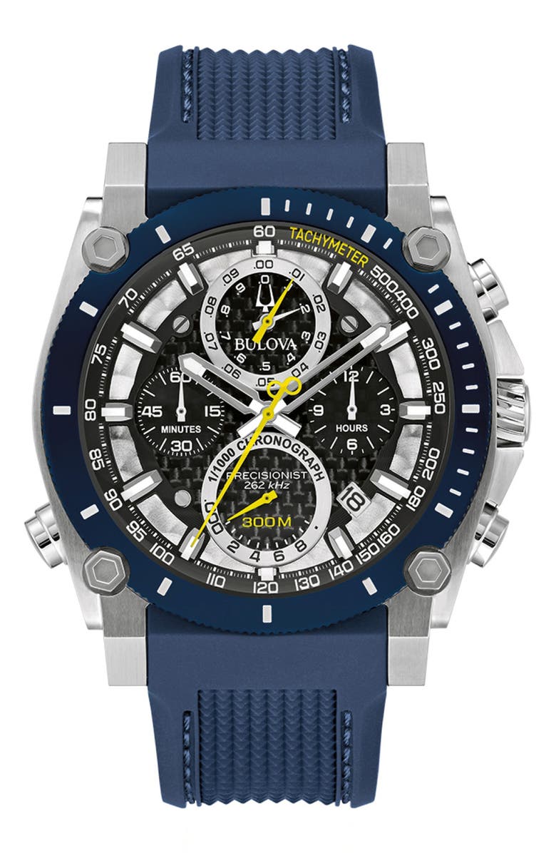 BULOVA Precisionist Silicone Strap Chronograph Watch, 46mm, Main, color, Blue