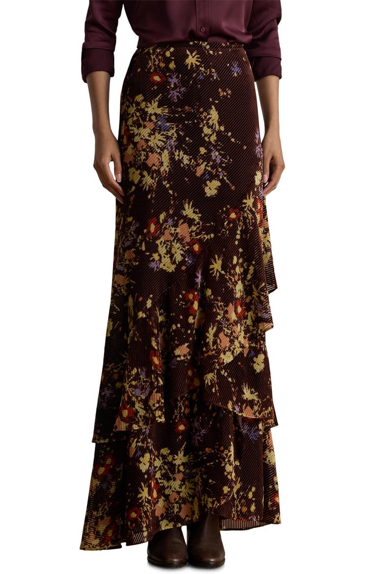 Tiered Floral Velvet Burnout Maxi Skirt, Main, color, BROWN/ CREAM/ LAVENDER