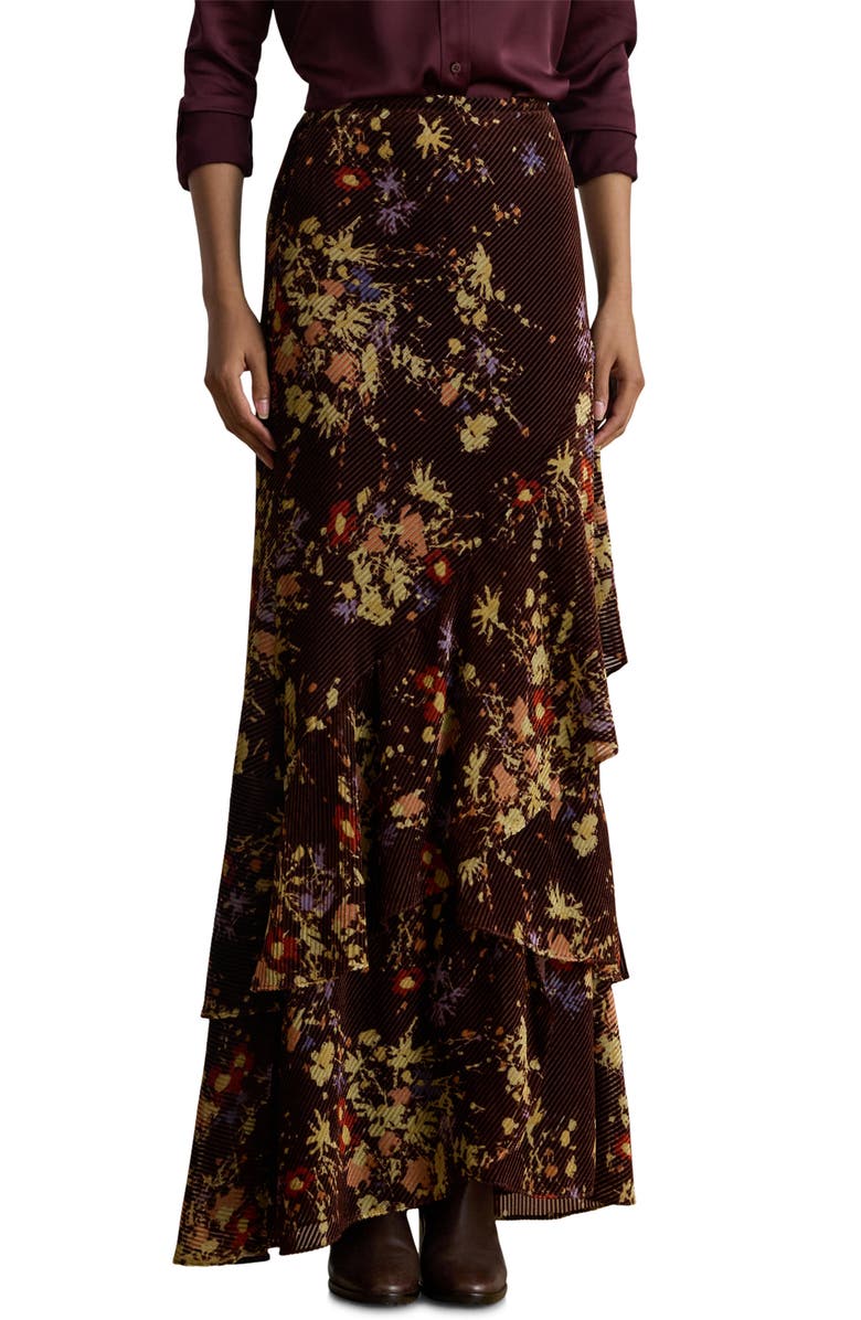 Lauren Ralph Lauren Tiered Floral Velvet Burnout Maxi Skirt, Main, color, Brown/ Cream/ Lavender