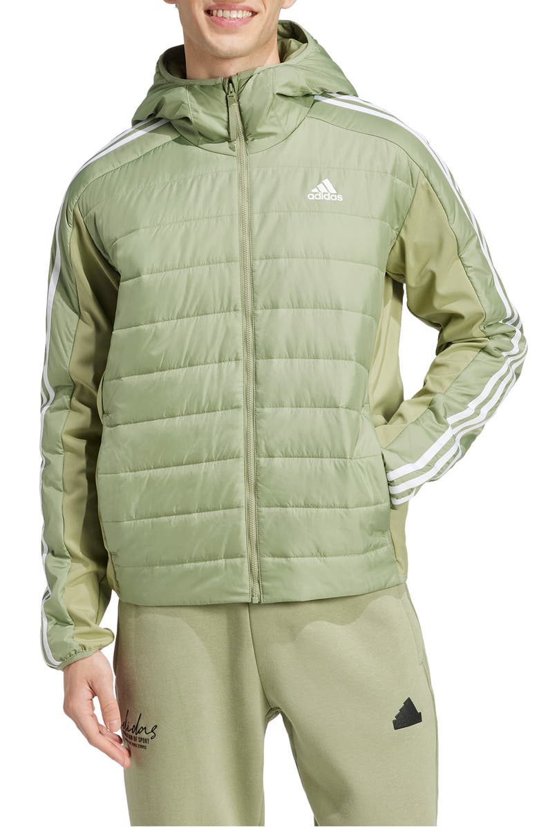adidas Essentials 3-Stripes Insulated Hooded Hybrid Jacket, Main, color, 