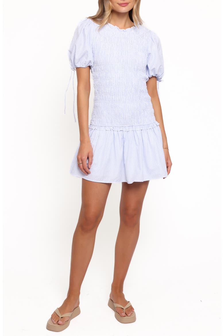 Kaelyn Gingham Smocked Minidress, Main, color, BLUE GINGHAM