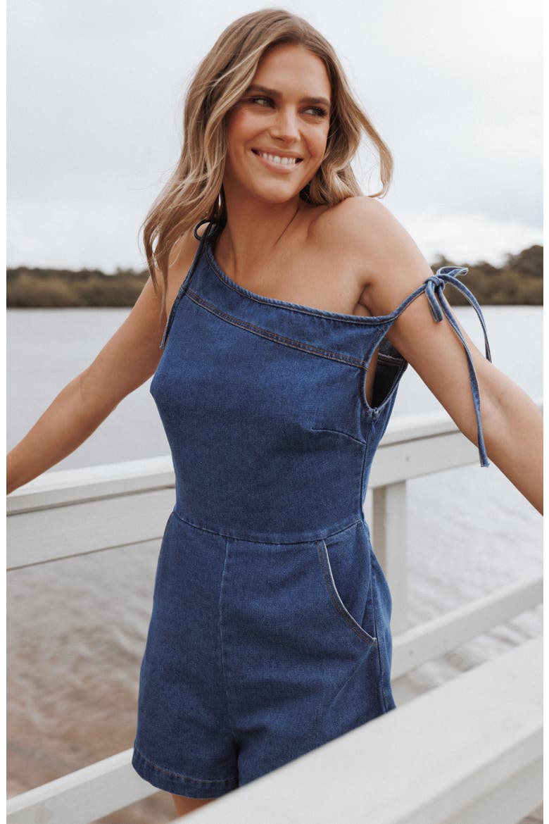 Tatum Off the Shoulder Denim Romper, Alternate, color, DARK DENIM