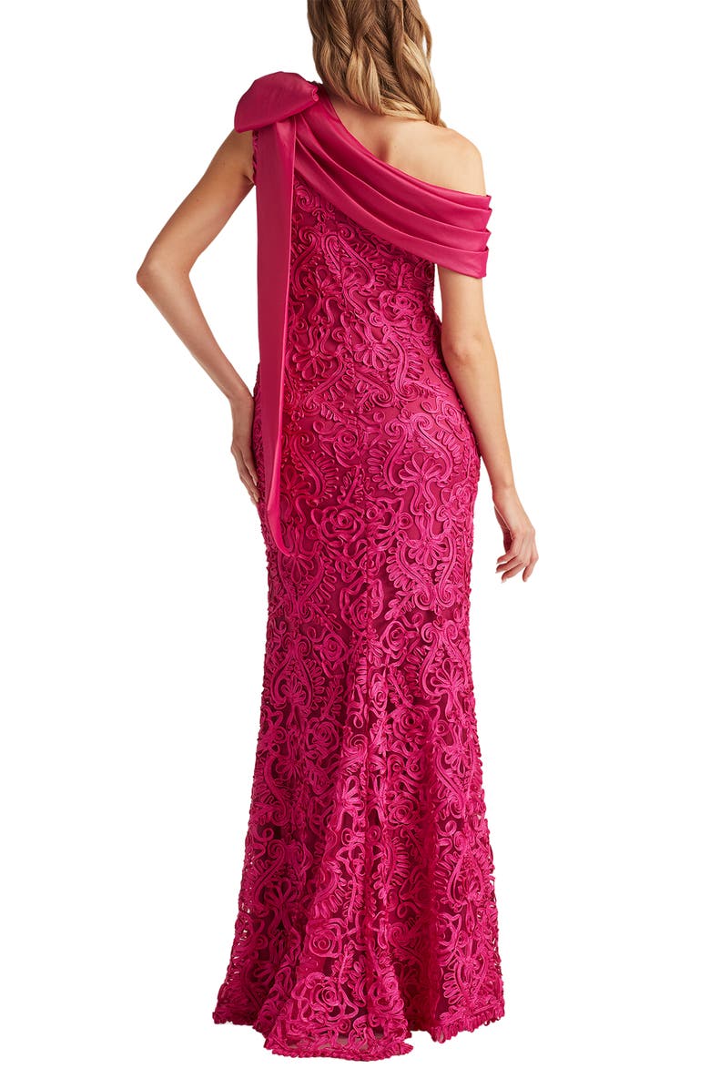 Tadashi Shoji Bow Detail Soutache Lace One-Shoulder Gown, Alternate, color, Hibiscus