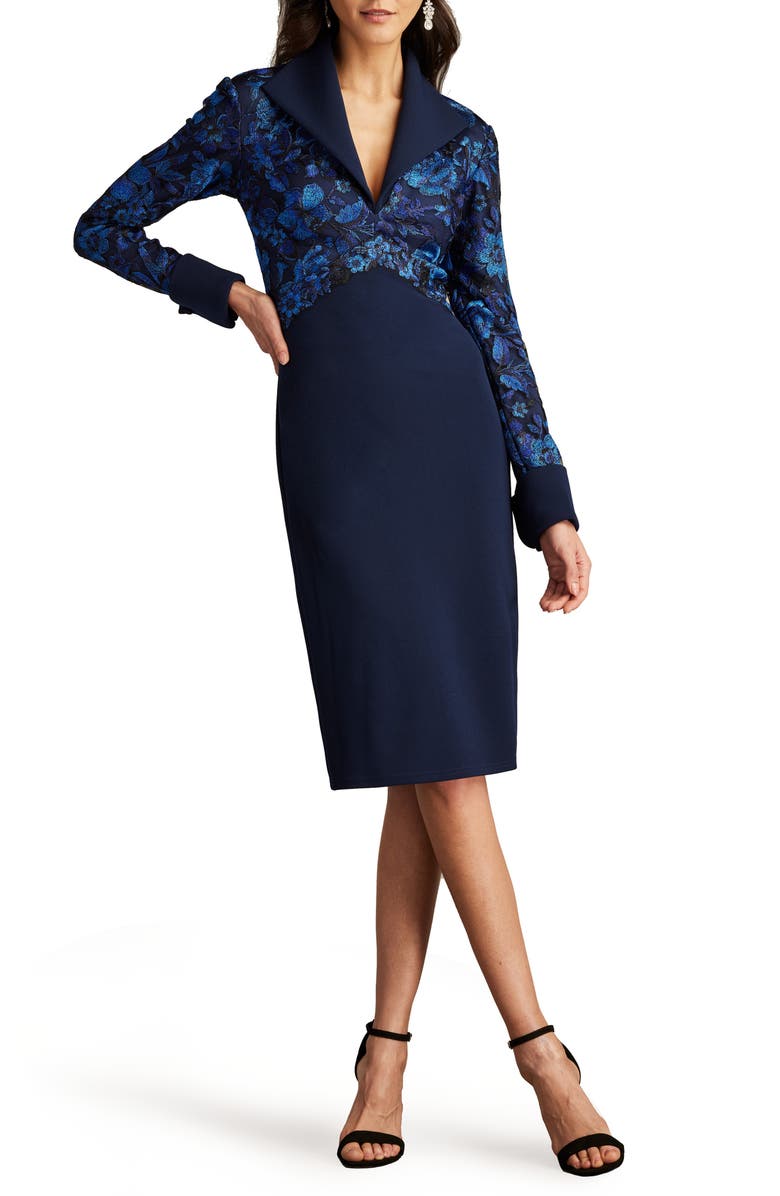 Tadashi Shoji Embroidery Detail Long Sleeve Crepe Sheath Dress, Alternate, color,