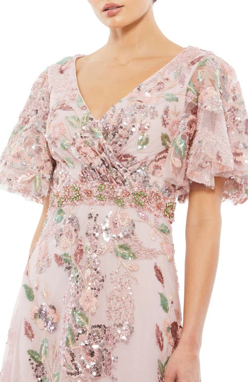 Shop Mac Duggal Floral Embellished Short Sleeve Faux Wrap Gown In Rose Pink