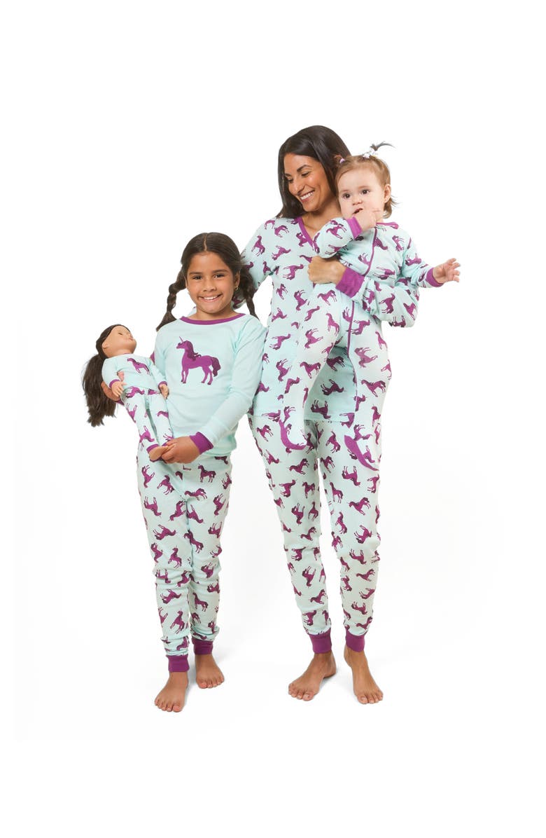 Leveret Kids Footed Cotton Matching Family Pajamas, Whimsy & Fantasy Prints, Alternate, color, Unicorn Purple