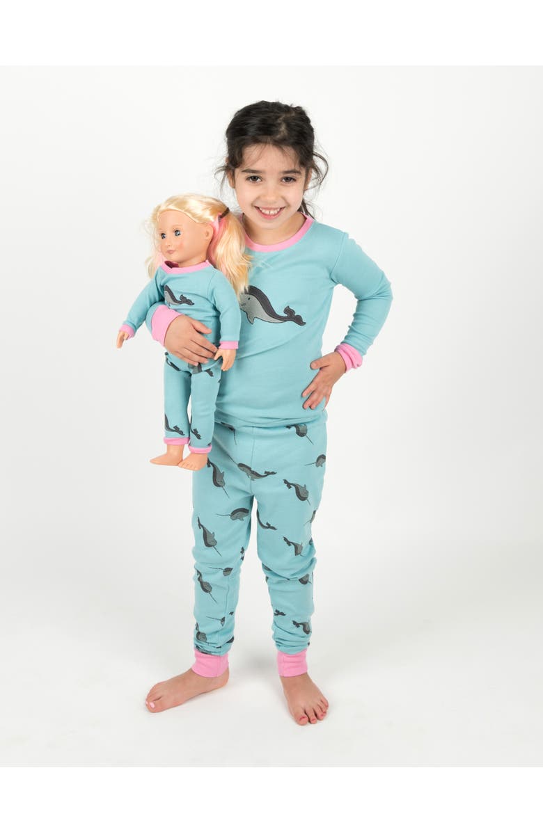 Leveret Girls 2-pc. Cotton Pajamas with Matching Doll Accessory - Animal Prints, Alternate, color, Whale Blue