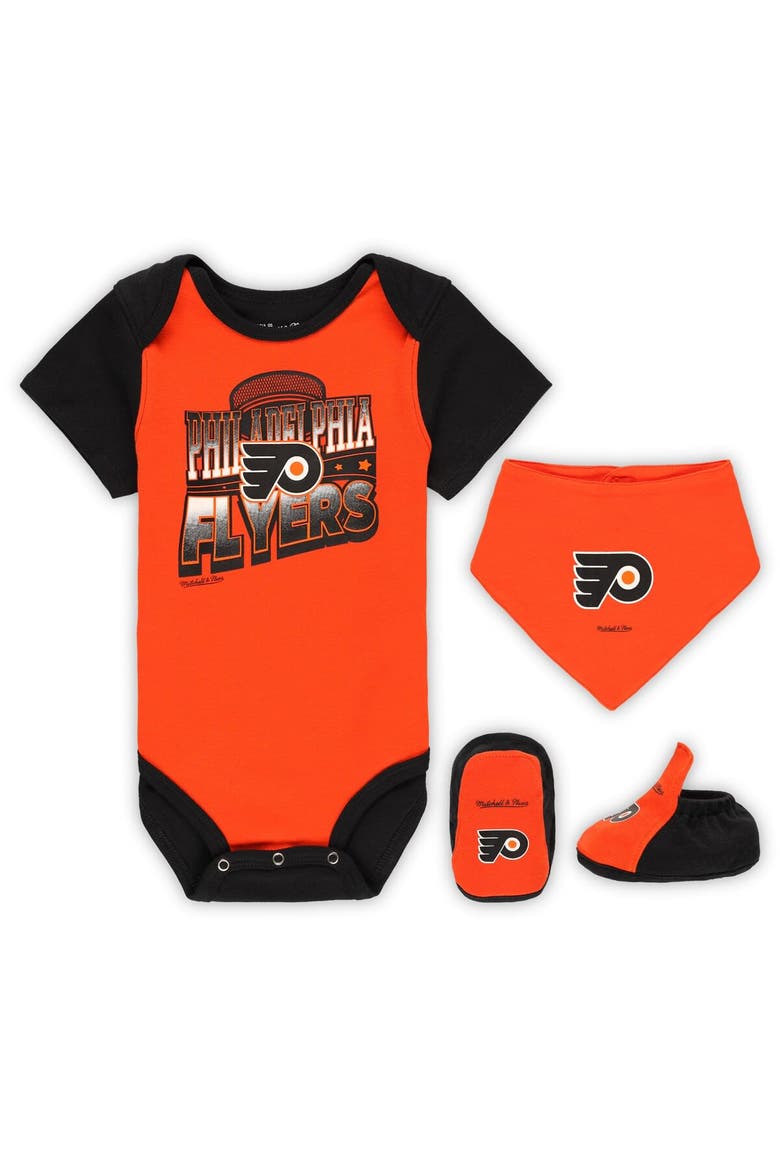 Infant Mitchell & Ness Orange/Black Philadelphia Flyers Big Score 3-Pack Bodysuit, Bib and Bootie Set, Alternate, color, Orange