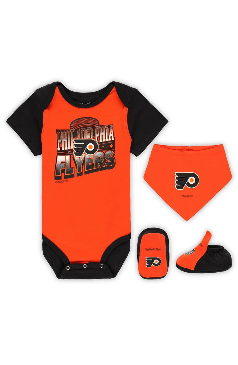 Mitchell & Ness Infant Mitchell & Ness Orange/Black Philadelphia Flyers Big Score 3-Pack Bodysuit, Bib and Bootie Set, Alternate, color, Orange