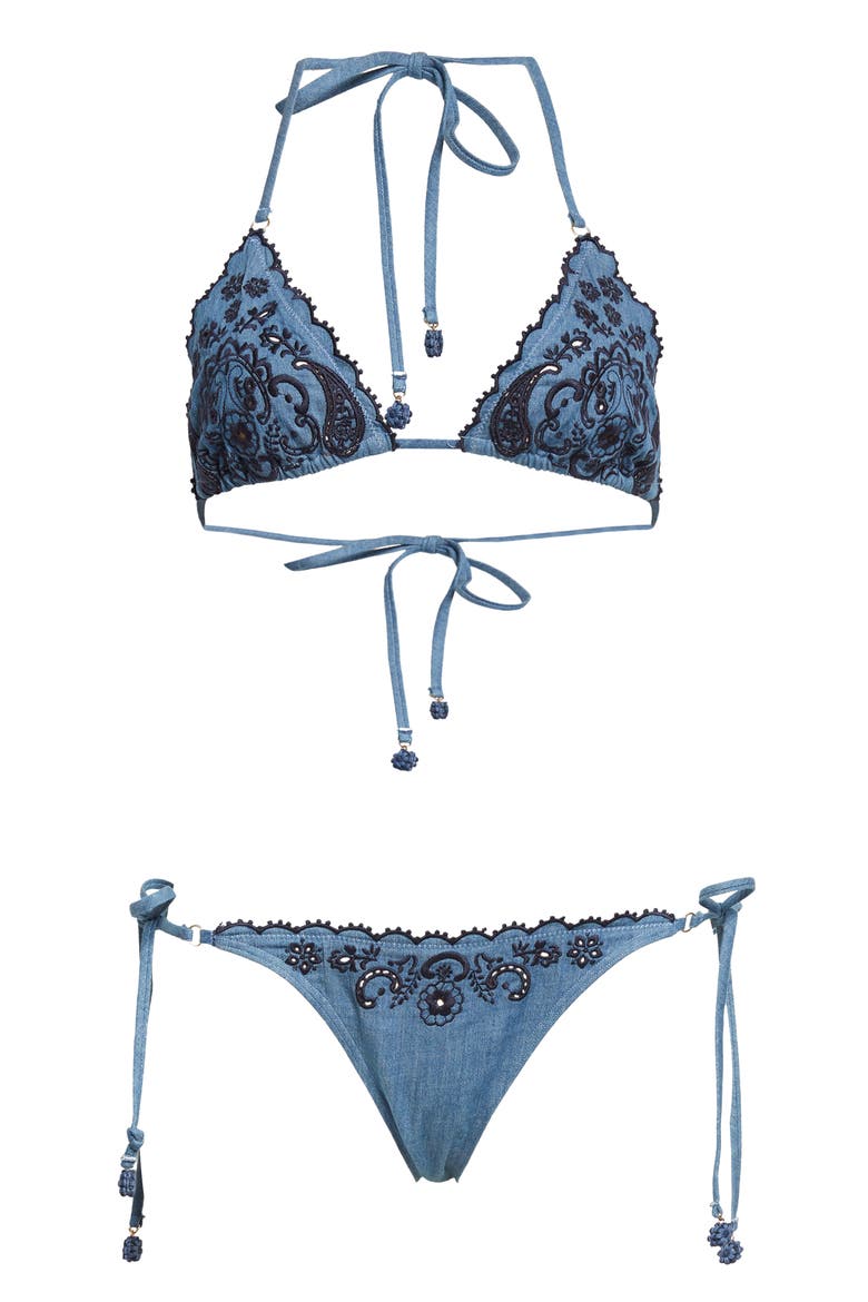 Aster Paisley Embroidered Denim Two-Piece Swimsuit, Alternate, color, DENIM