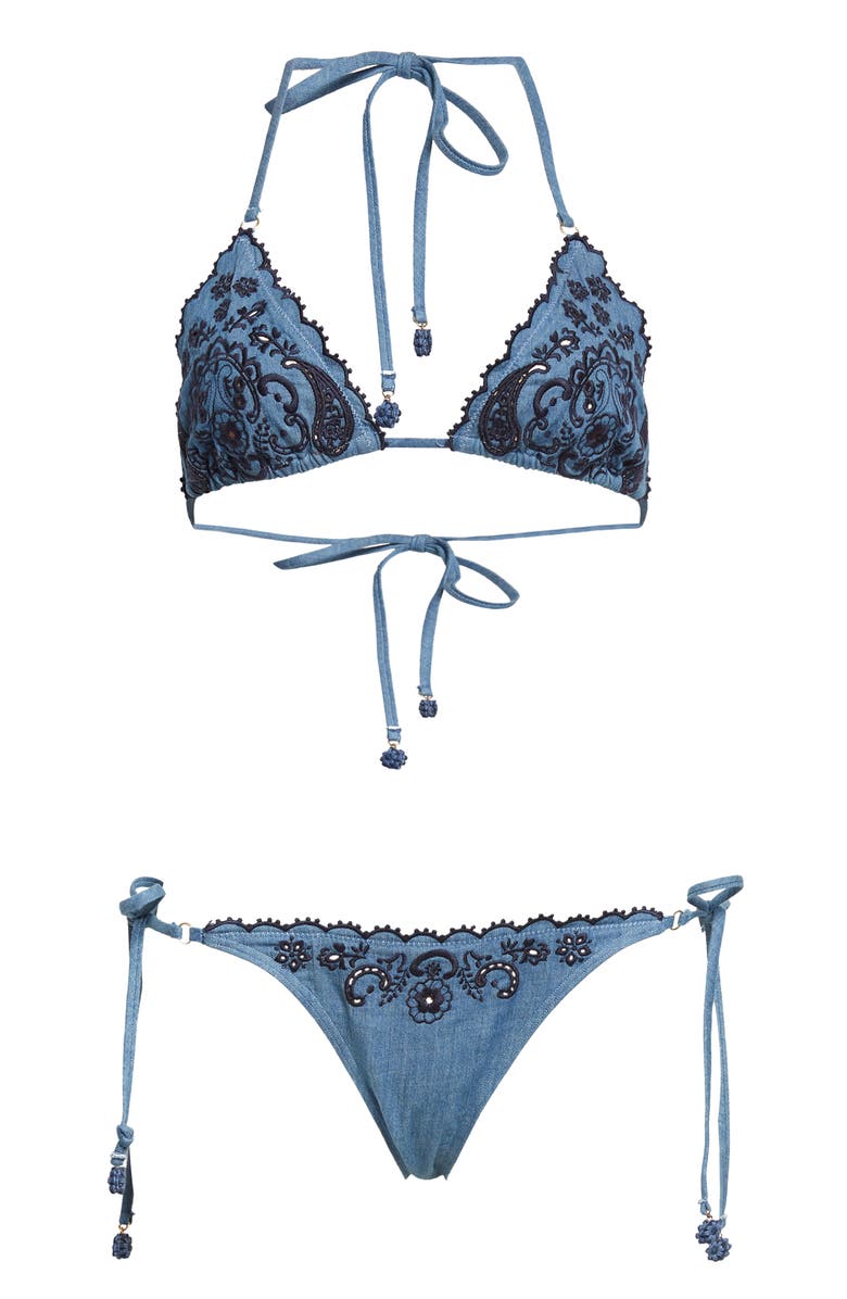 Zimmermann Aster Paisley Embroidered Denim Two-Piece Swimsuit, Alternate, color, Denim