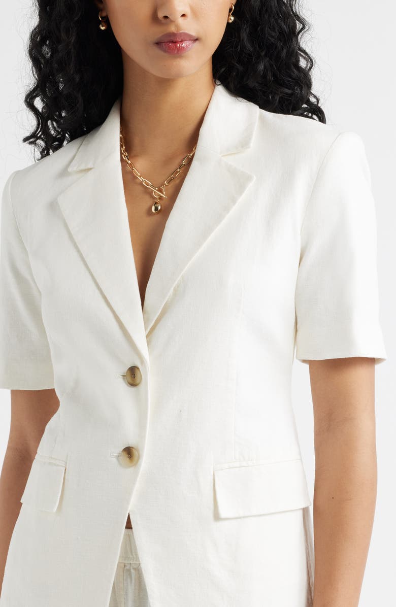 Open Edit Short Sleeve Linen Blend Blazer, Alternate, color, White