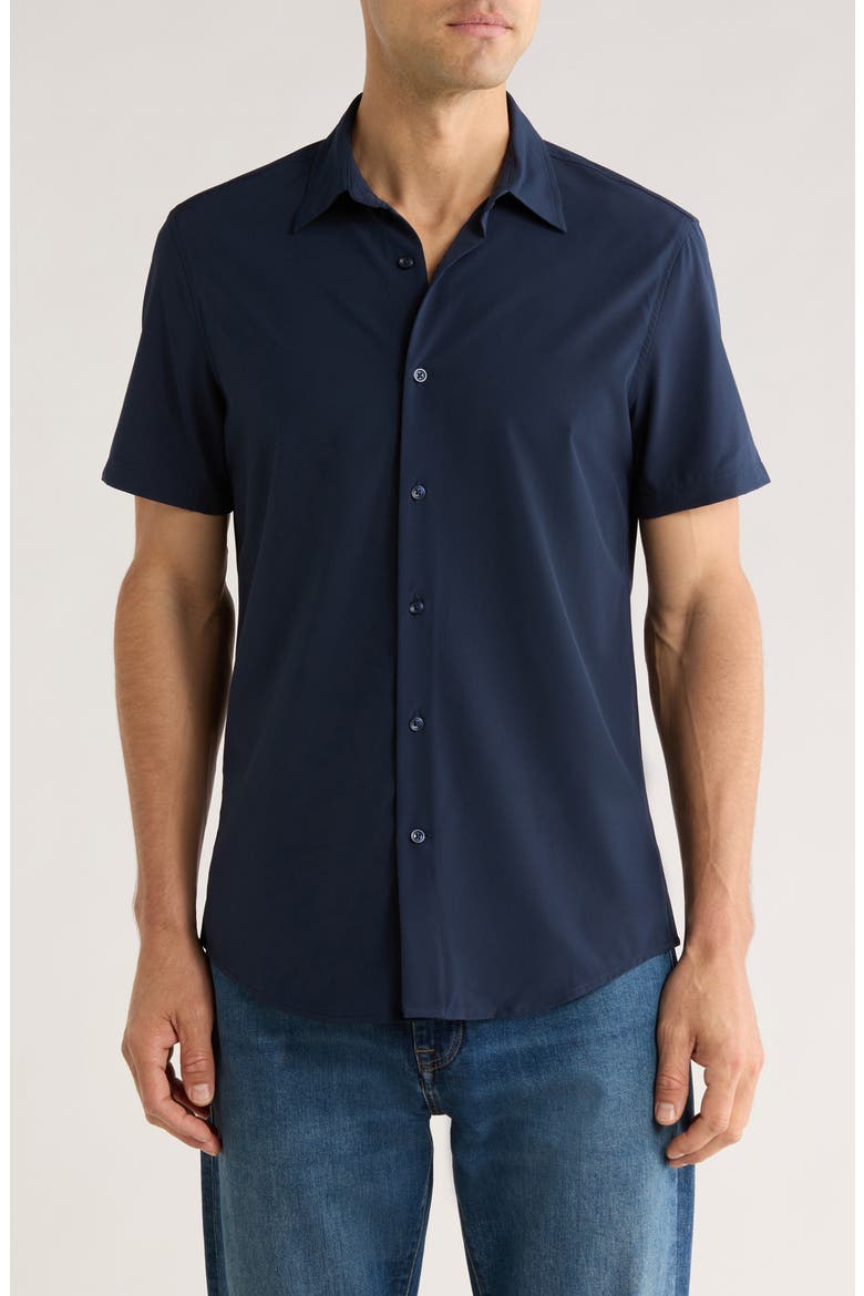 Short Sleeve Performance Woven Button-Up Shirt, Main, color, NAVY STILL