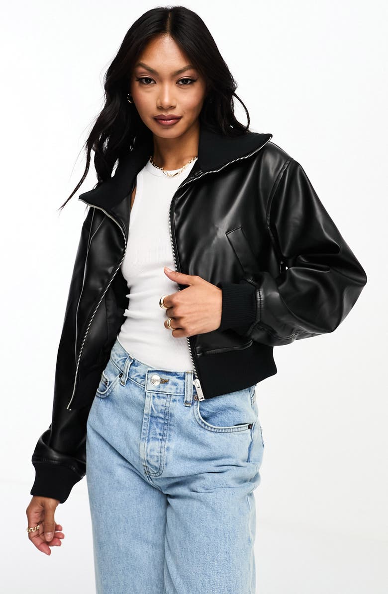 ASOS DESIGN Faux Leather Crop Bomber Jacket, Main, color,