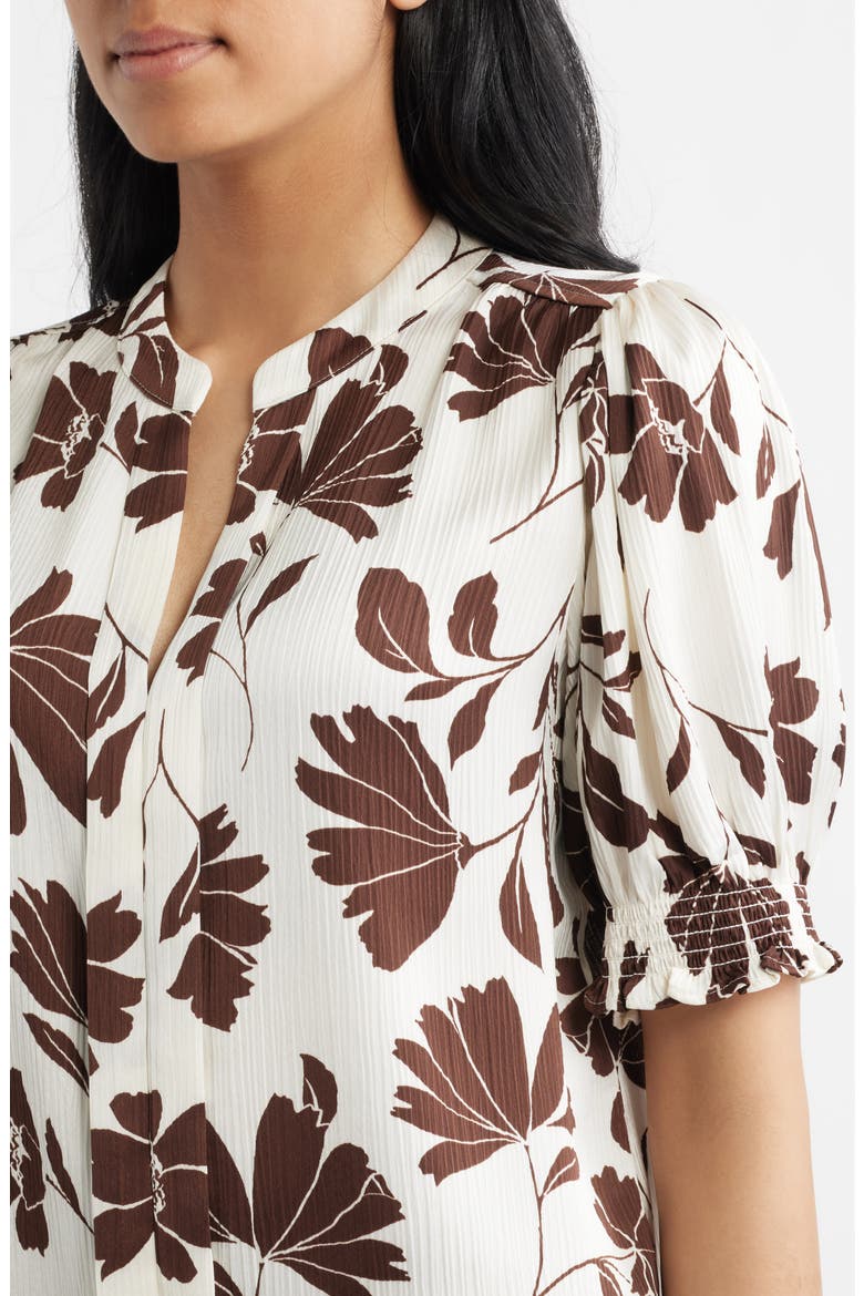 Shirred Short Sleeve Button-Up Shirt, Alternate, color, WHITE/ DARK CHOCOLATE