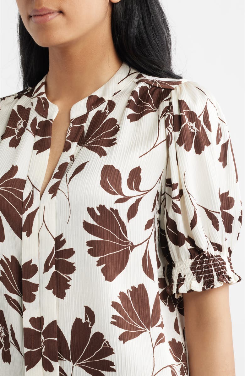 Anne Klein Shirred Short Sleeve Button-Up Shirt, Alternate, color, White/ Dark Chocolate