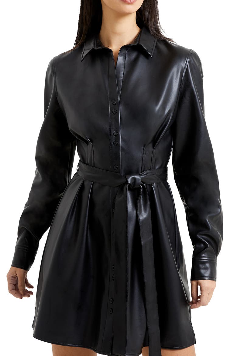 Crolenda Long Sleeve Faux Leather Shirtdress, Alternate, color, BLACK