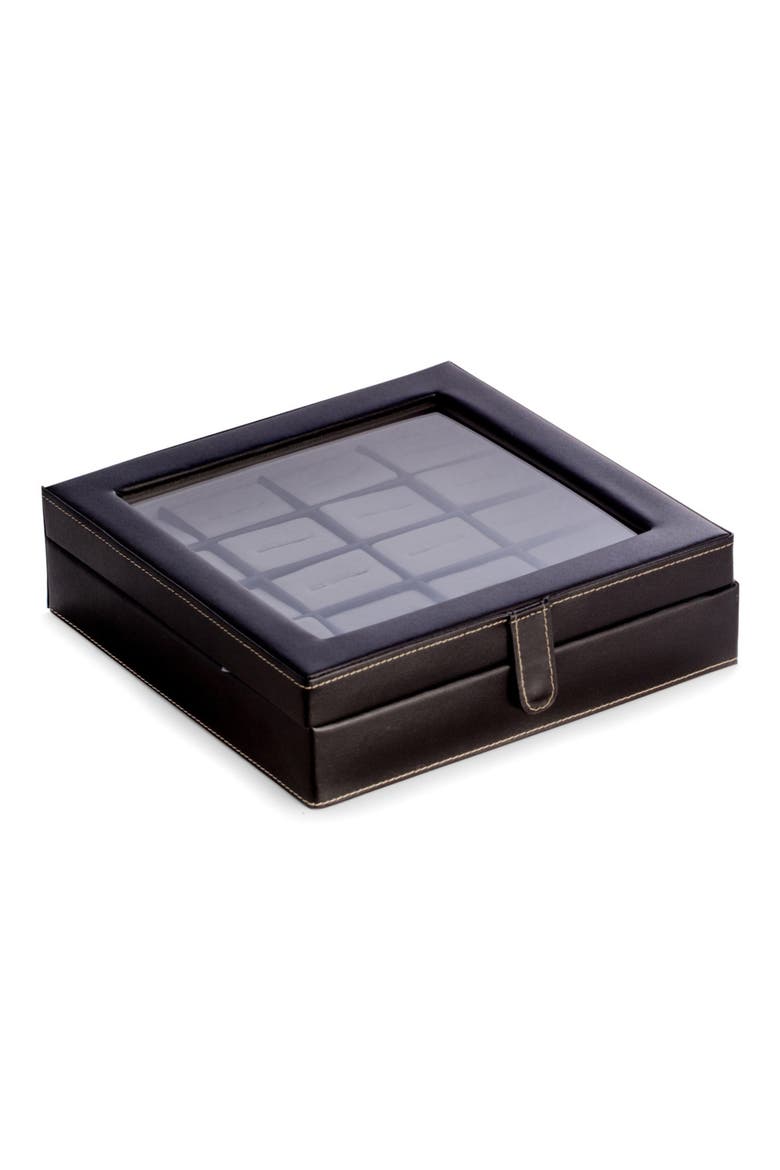 Black Leather 20 Cuff Link Box, Main, color, BLACK