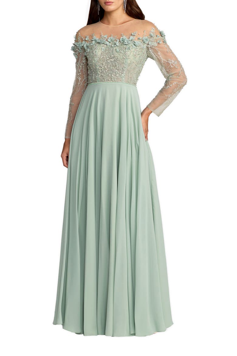 Chiffon Beaded Long Sleeve Illusion Neck Gown, Main, color, Sage