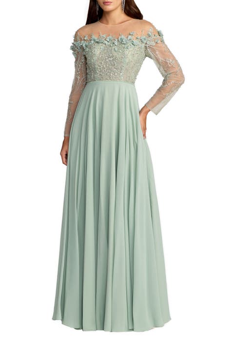 Chiffon Beaded Long Sleeve Illusion Neck Gown
