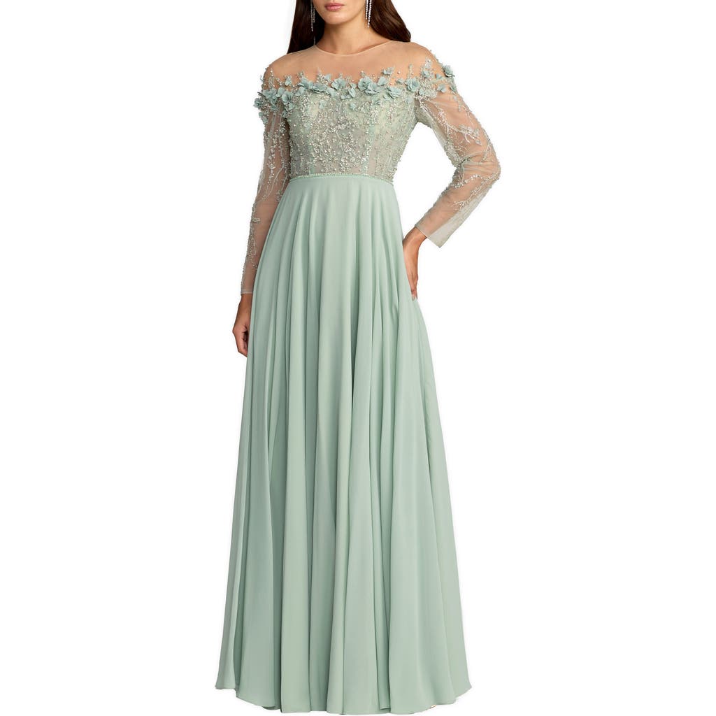 Mac Duggal Chiffon Beaded Long Sleeve Illusion Neck Gown in Sage at Nordstrom, Size 18