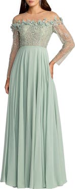 Mac Duggal Chiffon Beaded Long Sleeve Illusion Neck Gown