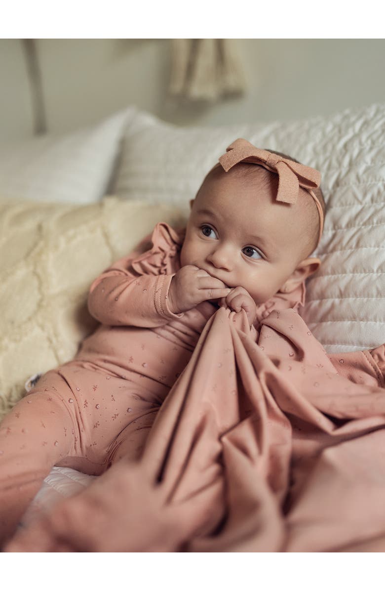 Manière Petals & Polka Dots Ruffle Accent Cotton Footie, Alternate, color, Mauve