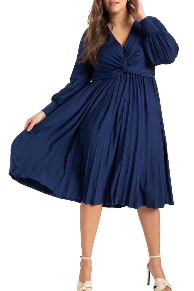 Knot Front Pleated Skirt Dress, Main, color, NAVY