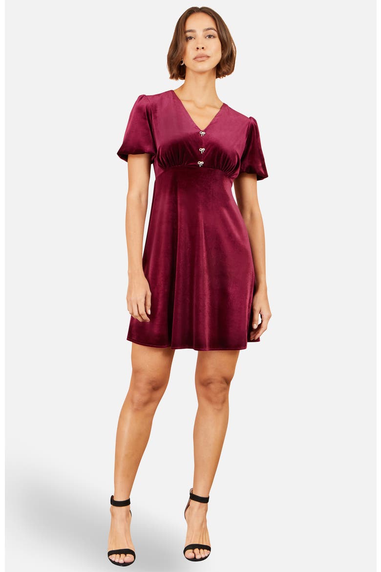 Diamante Bow Velvet Skater Dress, Main, color, Burgundy