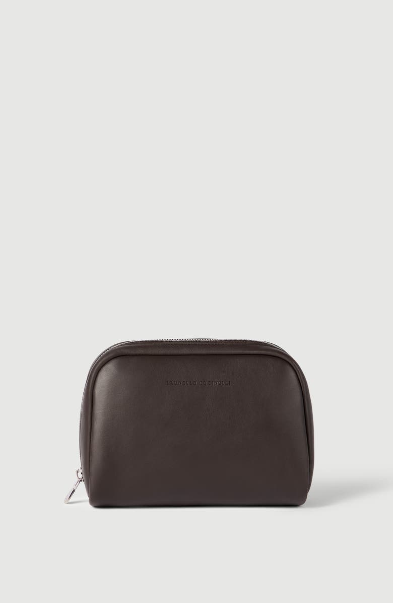 Brunello Cucinelli Calfskin beauty case, Alternate, color, Brown