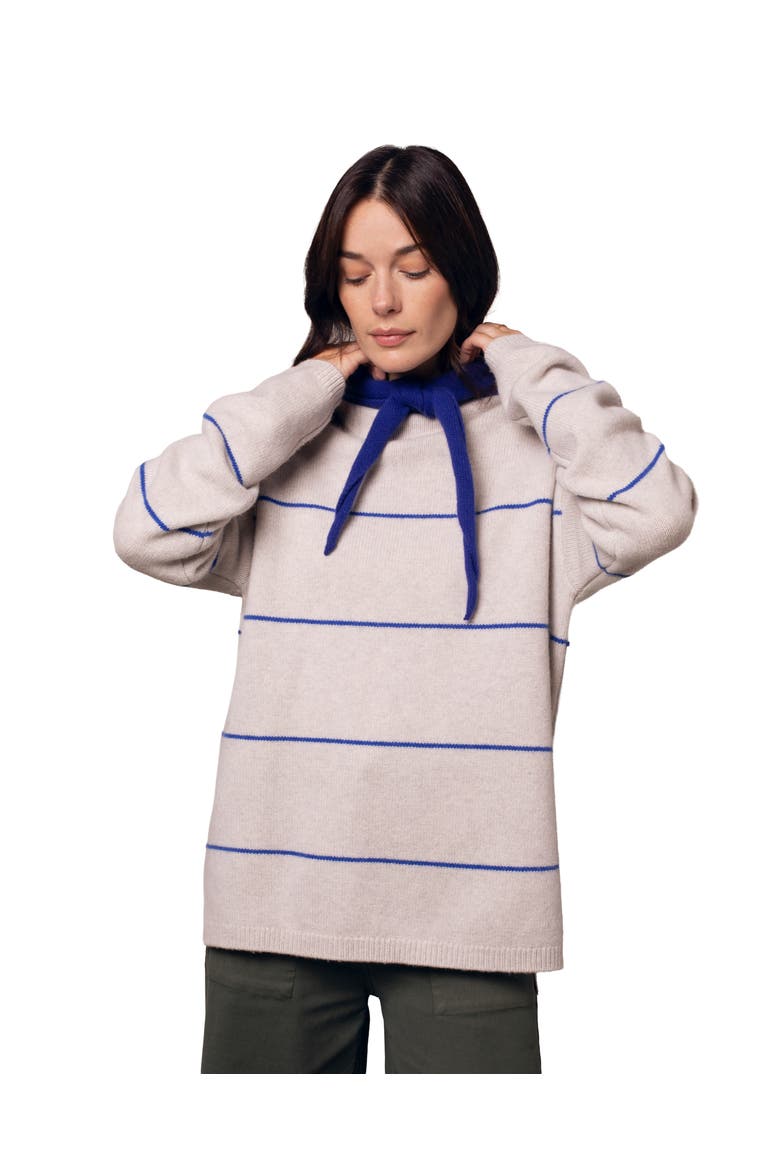 Split Hem Slouch Funnel Neck Jumper, Main, color, Ecru Cobalt Stripe