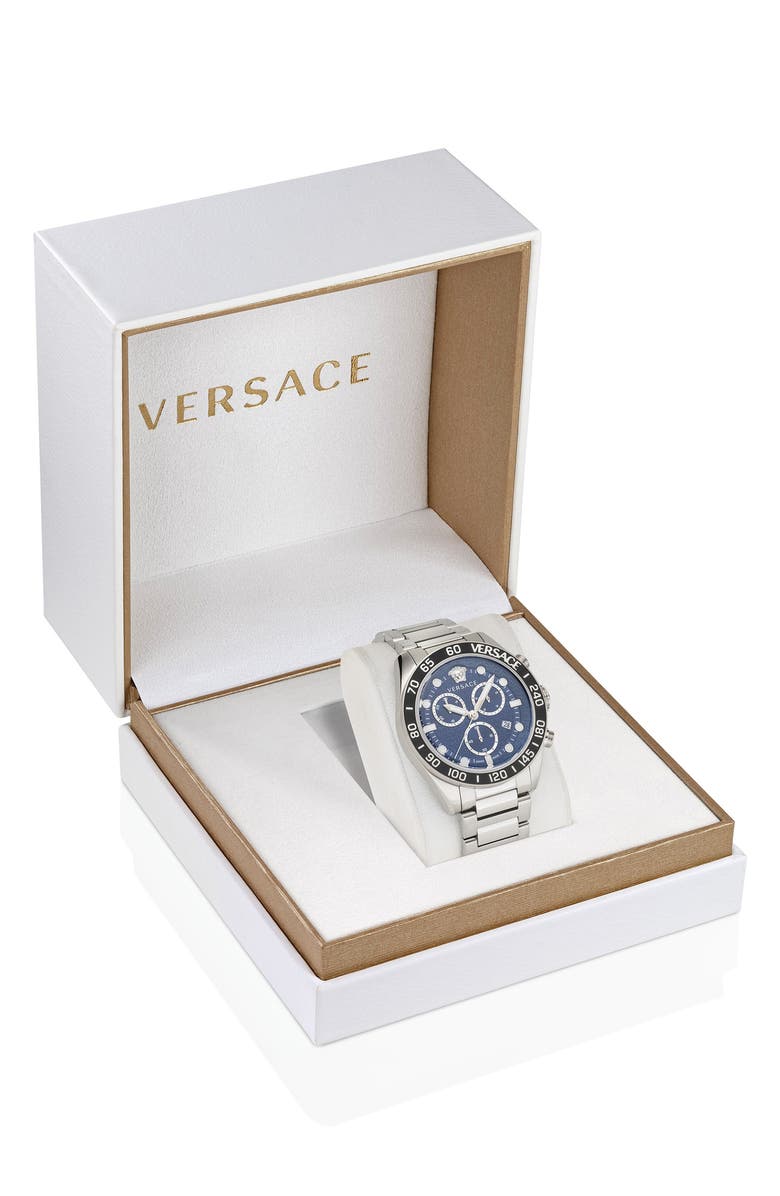 Versace Greca Dome Chronograph Bracelet Watch, 43mm, Alternate, color, Stainless Steel