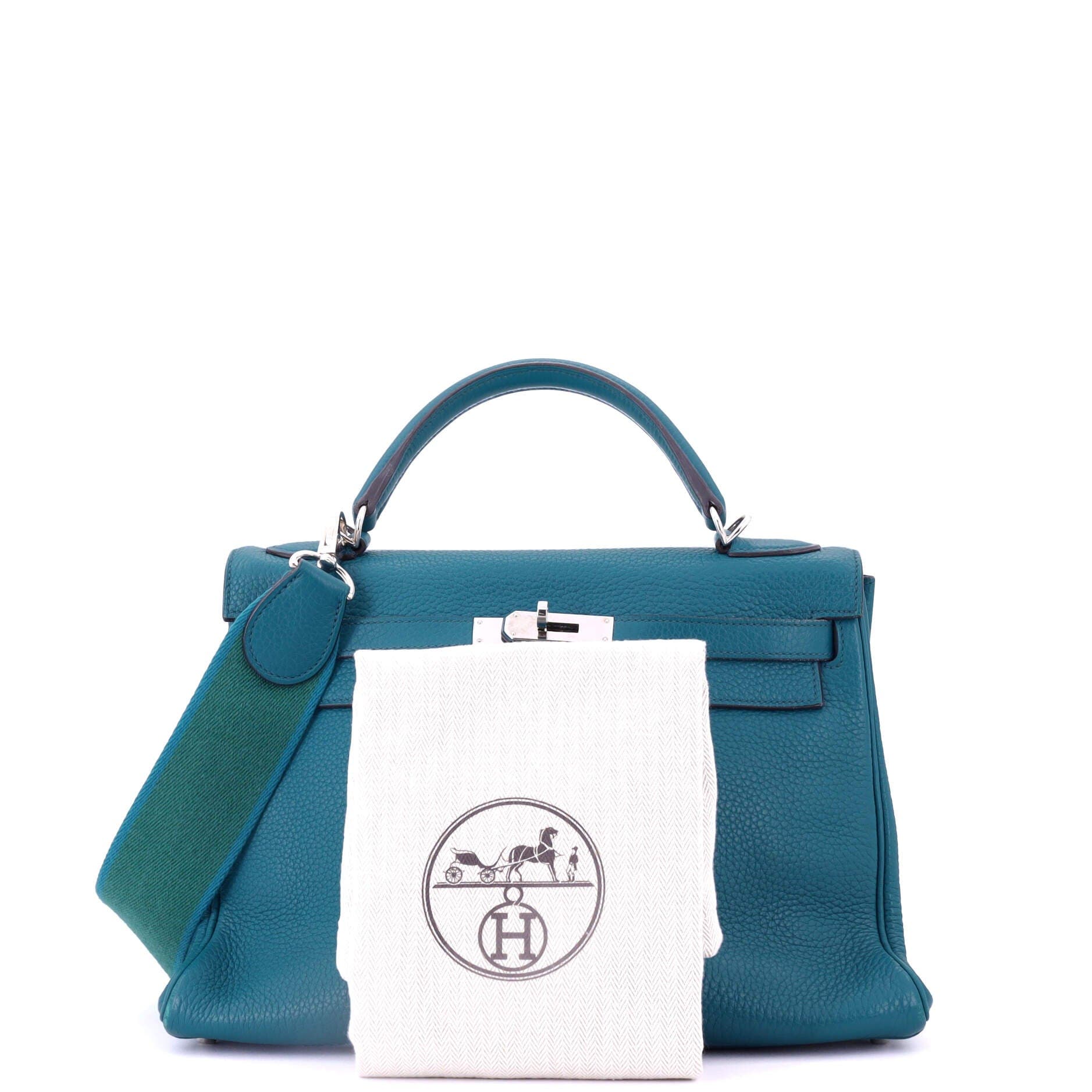 Pre-Owned Hermes Kelly Amazone Handbag Blue Clemence with Palladium Hardware 32, Alternate, color, 
