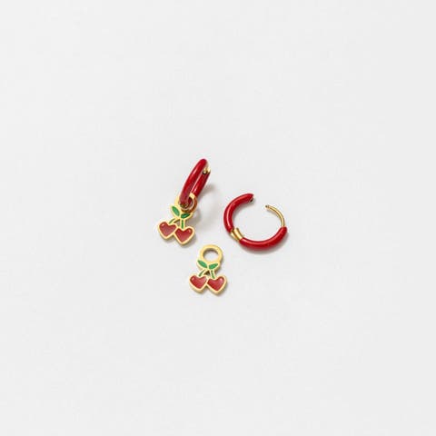 Cherries Charm & Red Enamel Hoop Earring Set