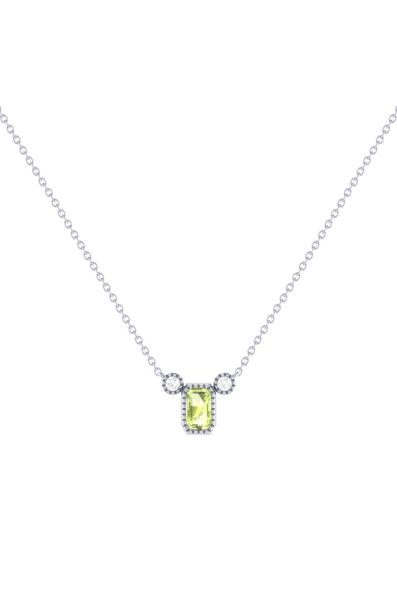 LuvMyJewelry Emerald Cut Peridot & Diamond 14K Gold Birthstone Necklace, Main, color, White Gold