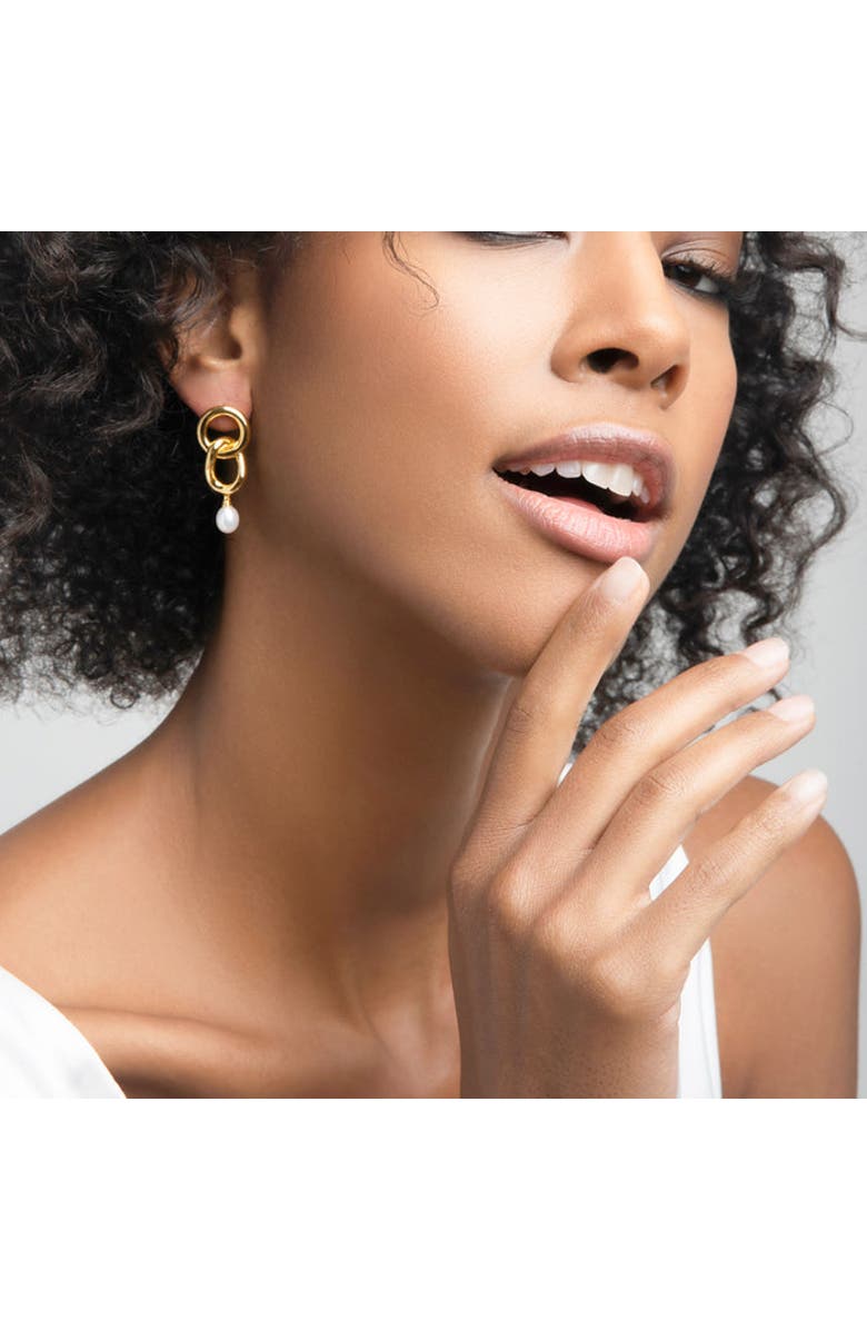 ZARUX Two Hoops with Pearl Earrings, Alternate, color, Yellow Gold