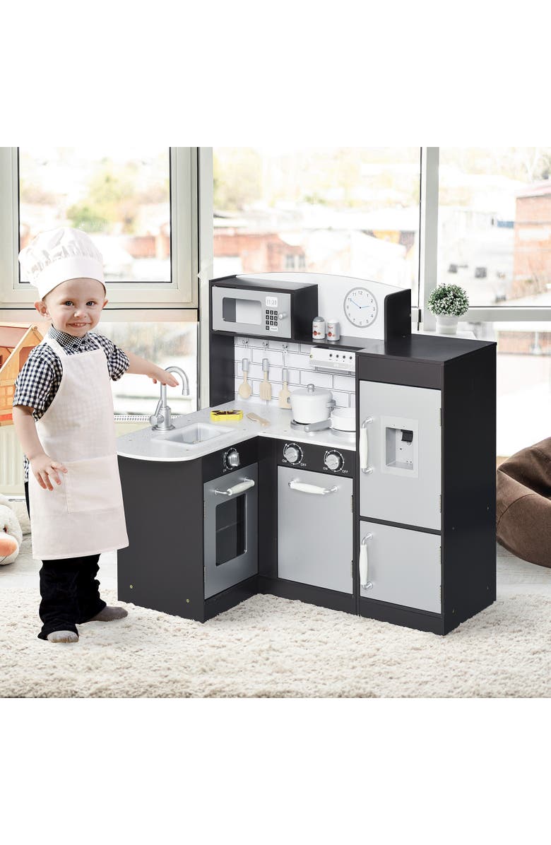 Qaba Kids Play Kitchen Set Pretend Wooden Cooking Toy Set, Alternate, color, Black