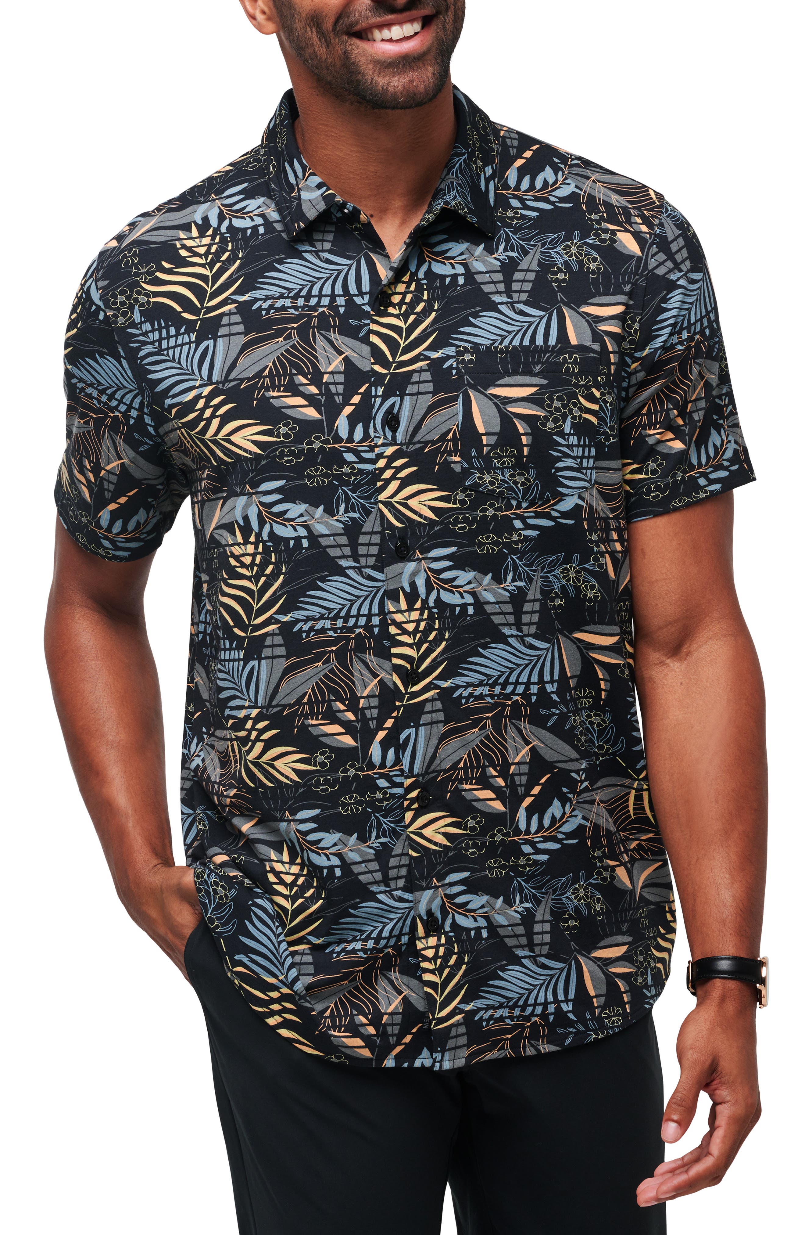 PEASKJP Men's 2 Piece Outfits Tropical Print Short Sleeve Button Down Hawaiian Shirt And Shorts Set Black M