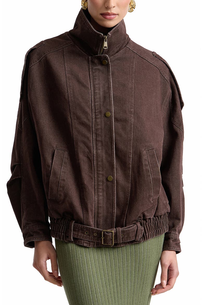 Denim Belted Bomber Jacket, Alternate, color, BROWN