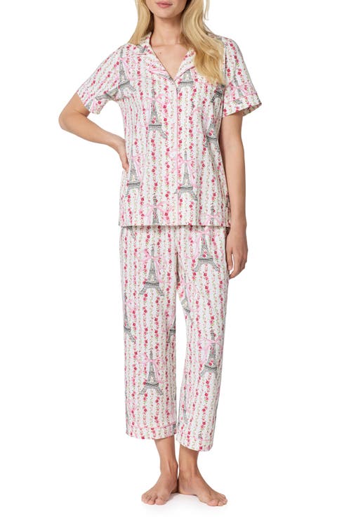 Print Stretch Cotton Jersey Crop Pajamas