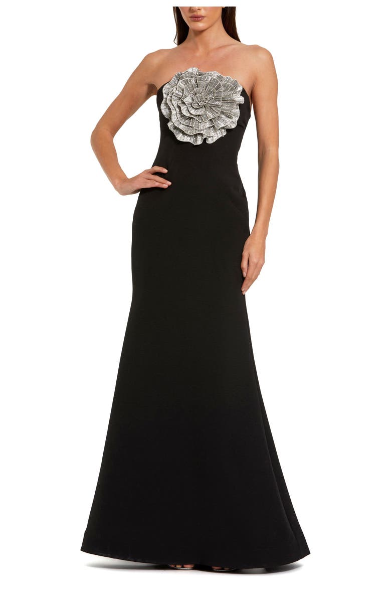 Mac Duggal Crepe Strapless Gown With 3D Rhinestone Flower, Main, color, Black