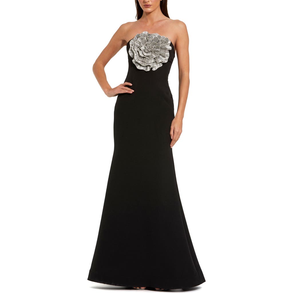 Mac Duggal Crepe Strapless Gown With 3d Rhinestone Flower In Black