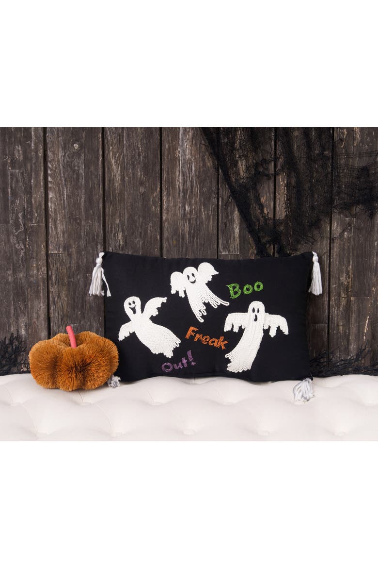 "Boo! Freak Out!" Flyi Ghosts Halloween Accent Pillow 13" x 20" w/ White Tassels, Alternate, color, Black