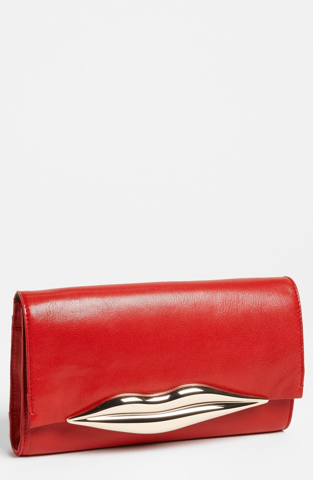 'Flirty' Leather Clutch, Main, color, CRIMSON