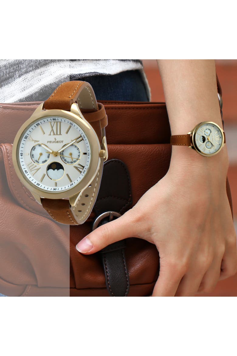 Sun Moon Multi Function Suede Strap Watch - 38MM, Alternate, color, Brown