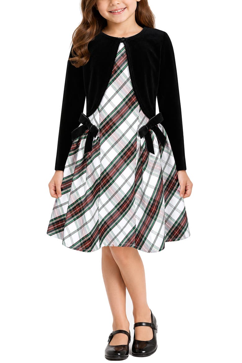 Kids' Plaid Dress & Velvet Cardigan Set, Alternate, color, IVY/ BLACK RED