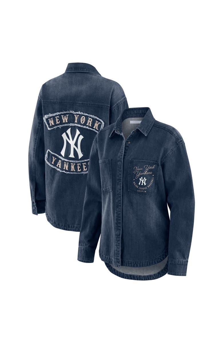 WEAR by Erin Andrews Women's WEAR by Erin Andrews  Denim New York Yankees Washed Oversized Denim Full-Snap Shacket, Alternate, color, Denim