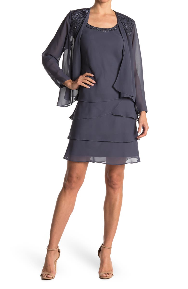SL FASHIONS Beaded Accent Jacket & Tiered Dress 2-Piece Set, Main, color,