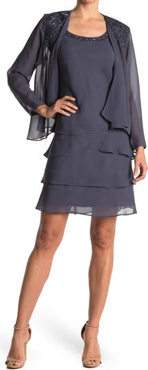SL FASHIONS Beaded Accent Jacket & Tiered Dress 2-Piece Set | Nordstrom